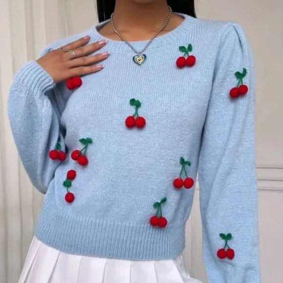 Lantern Sleeve Cherry detailed Knit Sweater Top - Picture 4 of 6